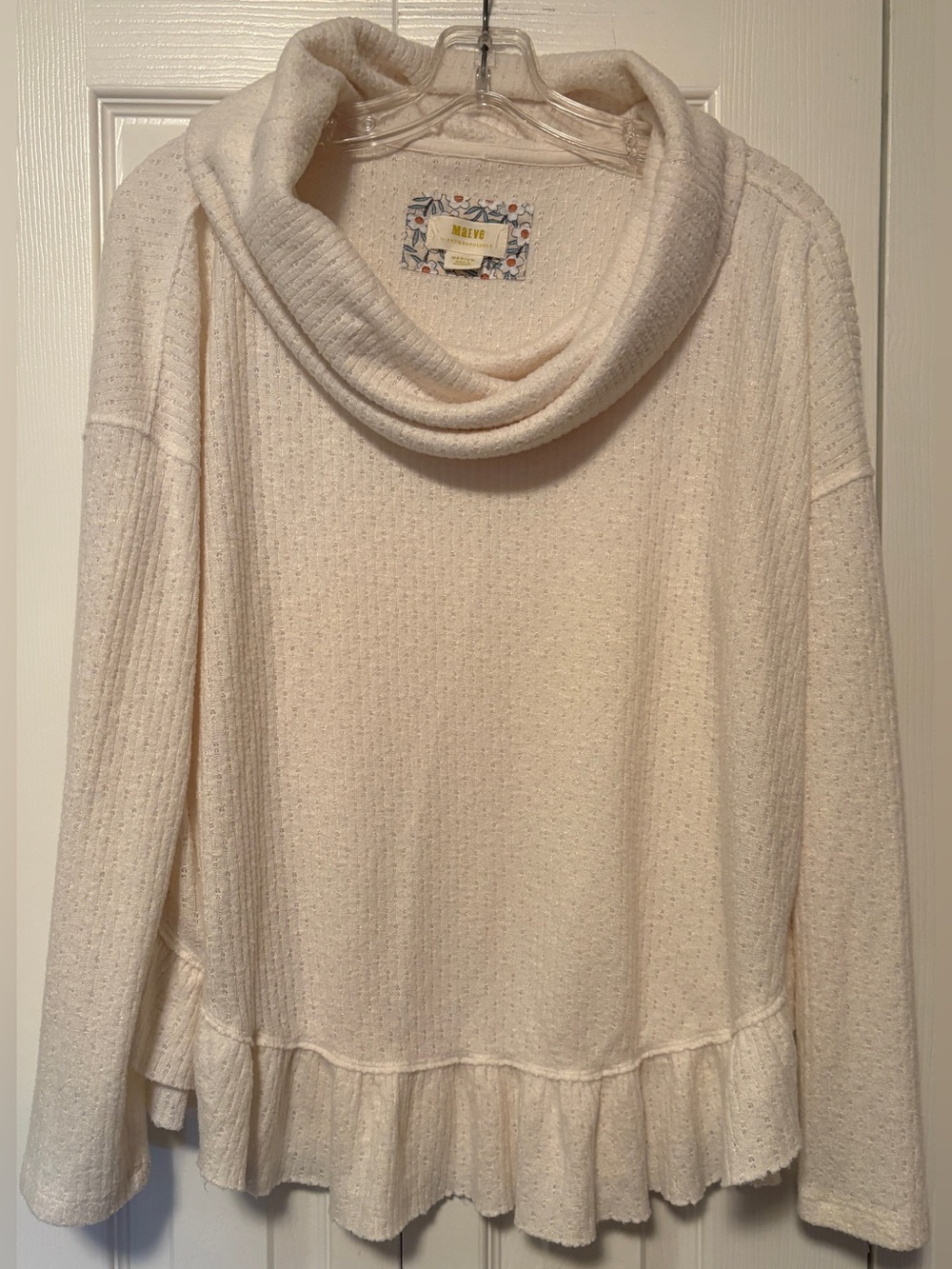 Anthropologie Maeve Addie Ruffled Pullover Cowl Neck Sweater Cream Medium M